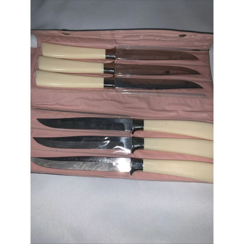 Vintage WASHINGTON FORGE 6 Steak Knife Set Stainless Butterscotch